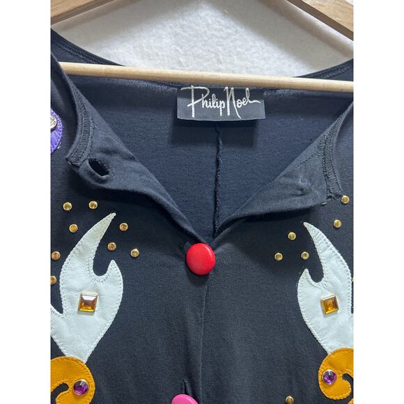 VTG Philip Noel 80's Blk Jumpsuit O/S Abstract Leather Applique Artsy Deadstock - Picture 10 of 10